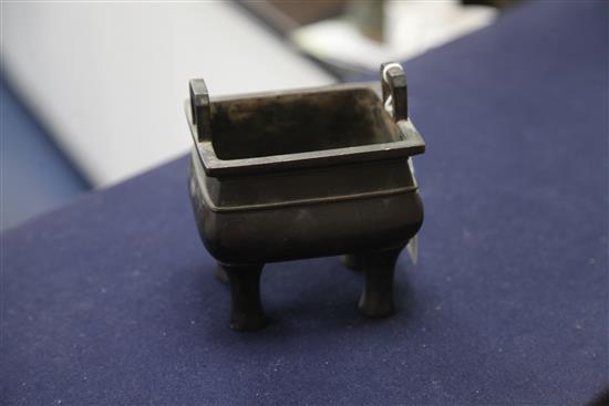 A Chinese bronze fang ding censer, Qing dynasty, height 13.5cm width 12.5cm